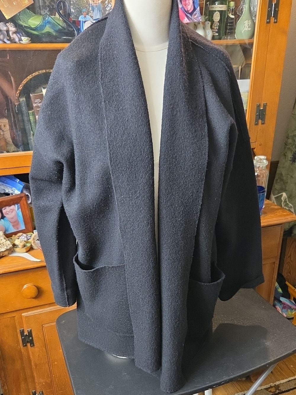 Eileen Fisher Black Open-Front Shawl-Collar Coatigan